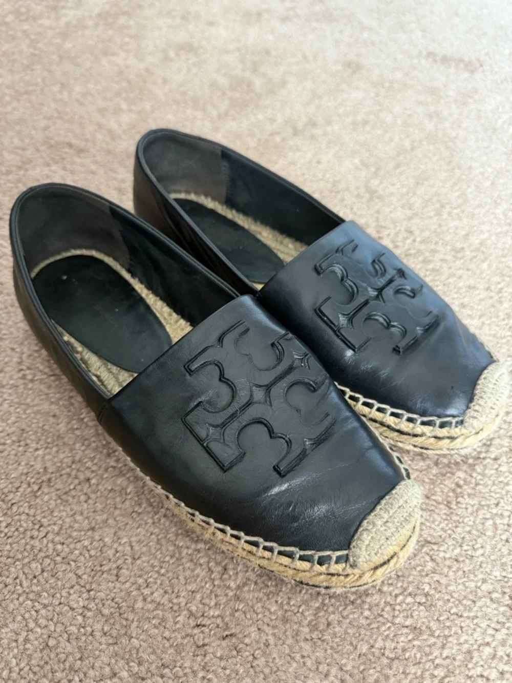 Tory Burch Ines Platform Black Leather Espadrille Flat